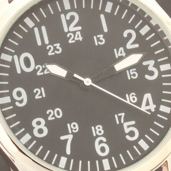 Men's Quartz Field Watch Silver Case Black Leather Strap 42mm - Picture 12 of 12